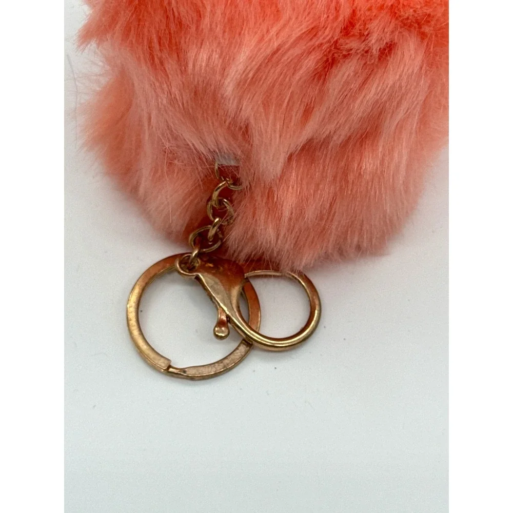 Faux Fur Pom Pom Keychain Coral Pink Peach Gold Tone Bag Charm Accessory